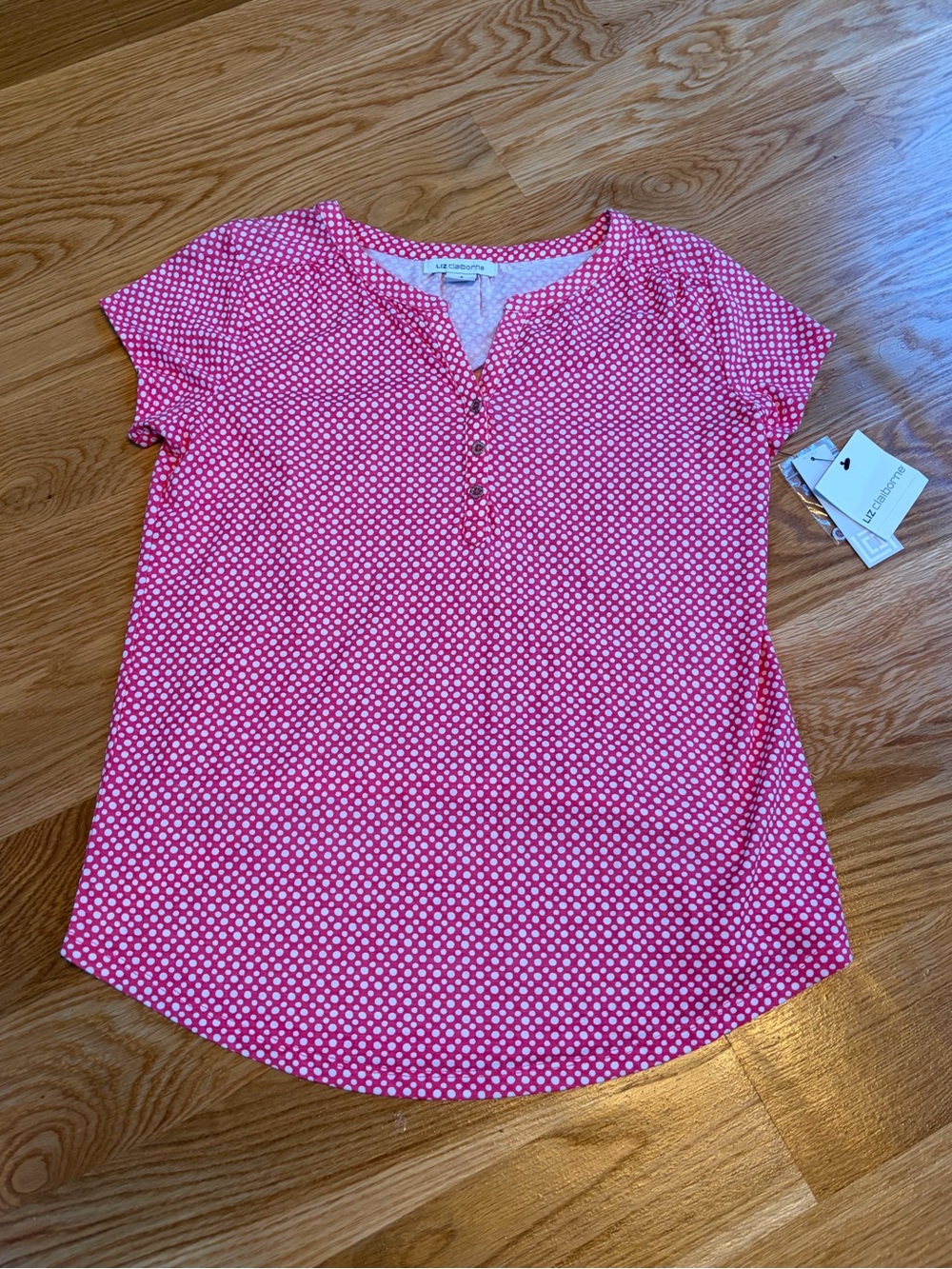 Liz Claiborne Pink Dot Henley Short Sleeve Top